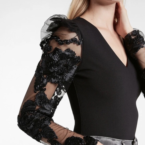 Express Black V Neck bodysuit opaque lace flower mesh arm detail size X large - Picture 3 of 10